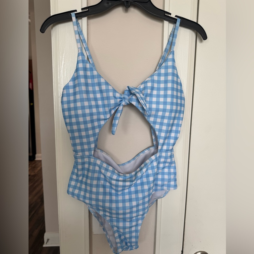 SHEIN Blue and White Checkered One Piece Swimsuit